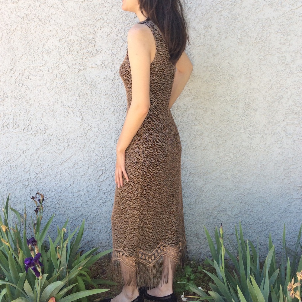 Vintage Harlow Crochet Knit Swanky Fringe Long Maxi Dress 👗 Evening Party Gown - Picture 5 of 8